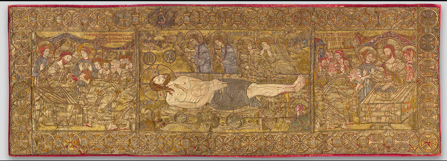 This is a Byzantine embroidery from around 1300, created with silver, gold, and silk thread. The figures are so detailed that they appear to be almost painted!